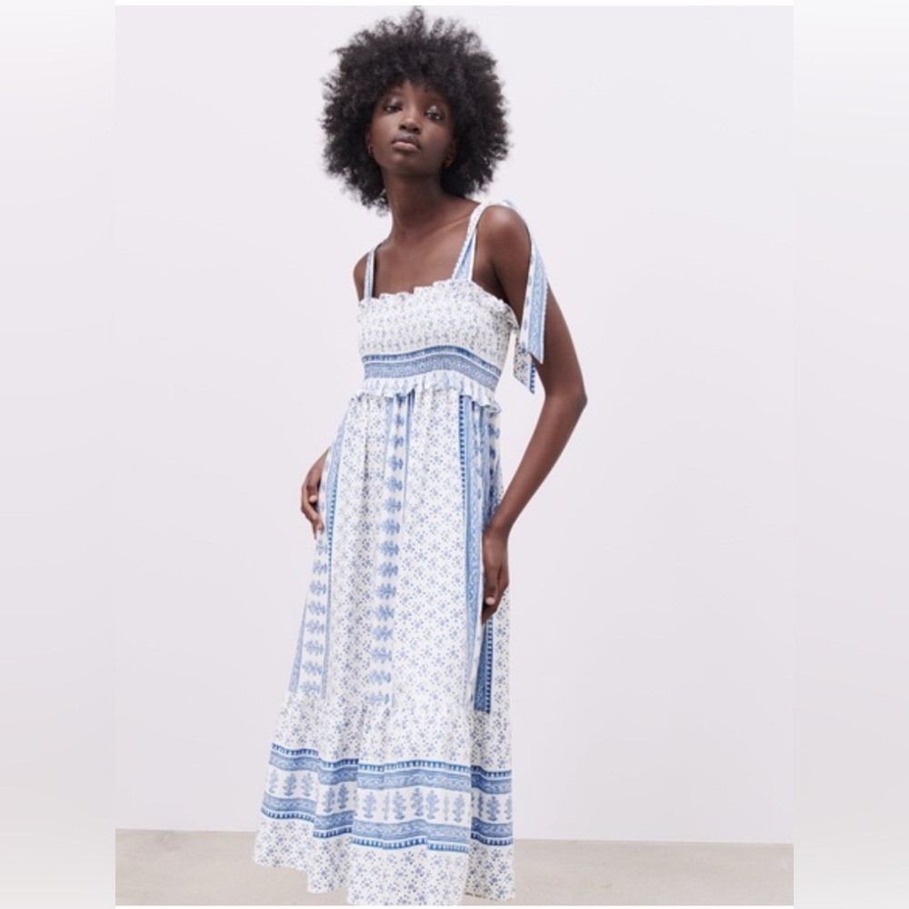 Sunday Up Blue & White CottageCore Smocked Maxi Dress Size Medium